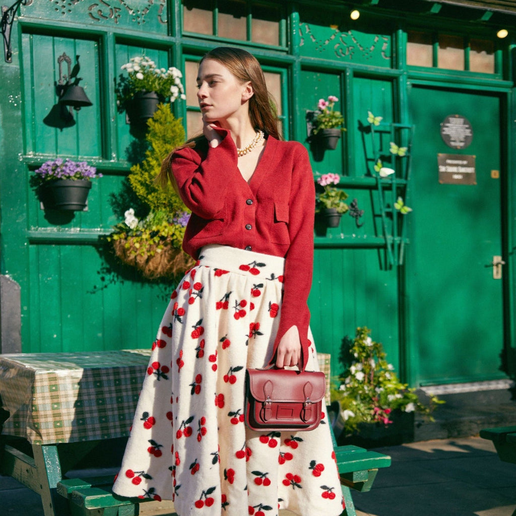 Zatchels Leather Midi Satchel in Oxblood, shown worn by a model