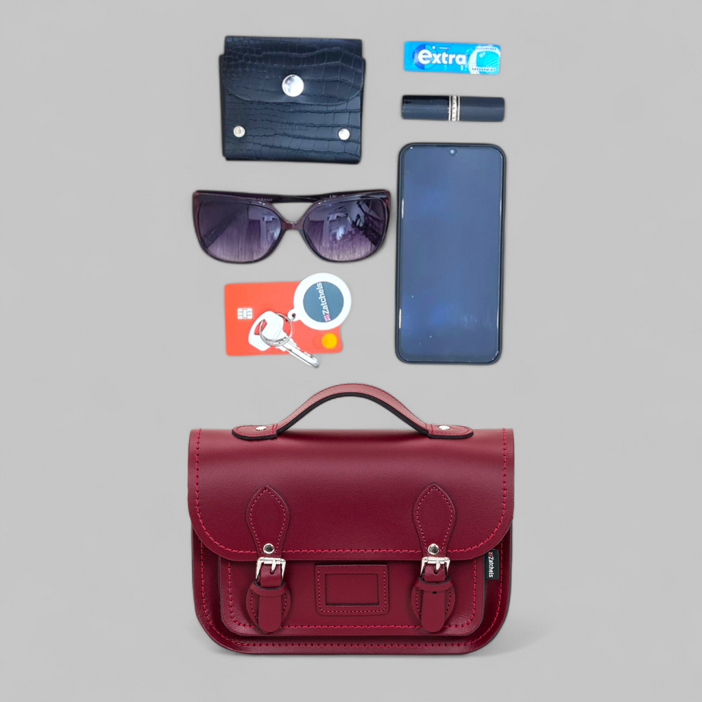 Zatchels Leather Midi Satchel in Oxblood, example of items that fit inside