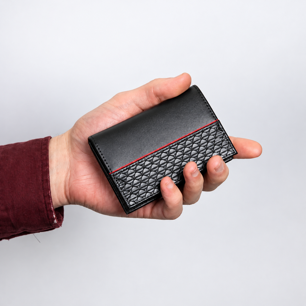 AI retouched image of the Fred Bennett black leather card holder held in a hand