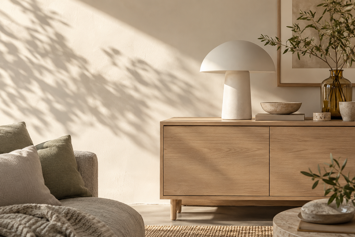 Illustrative sunlit interior showing the intended calm home collection